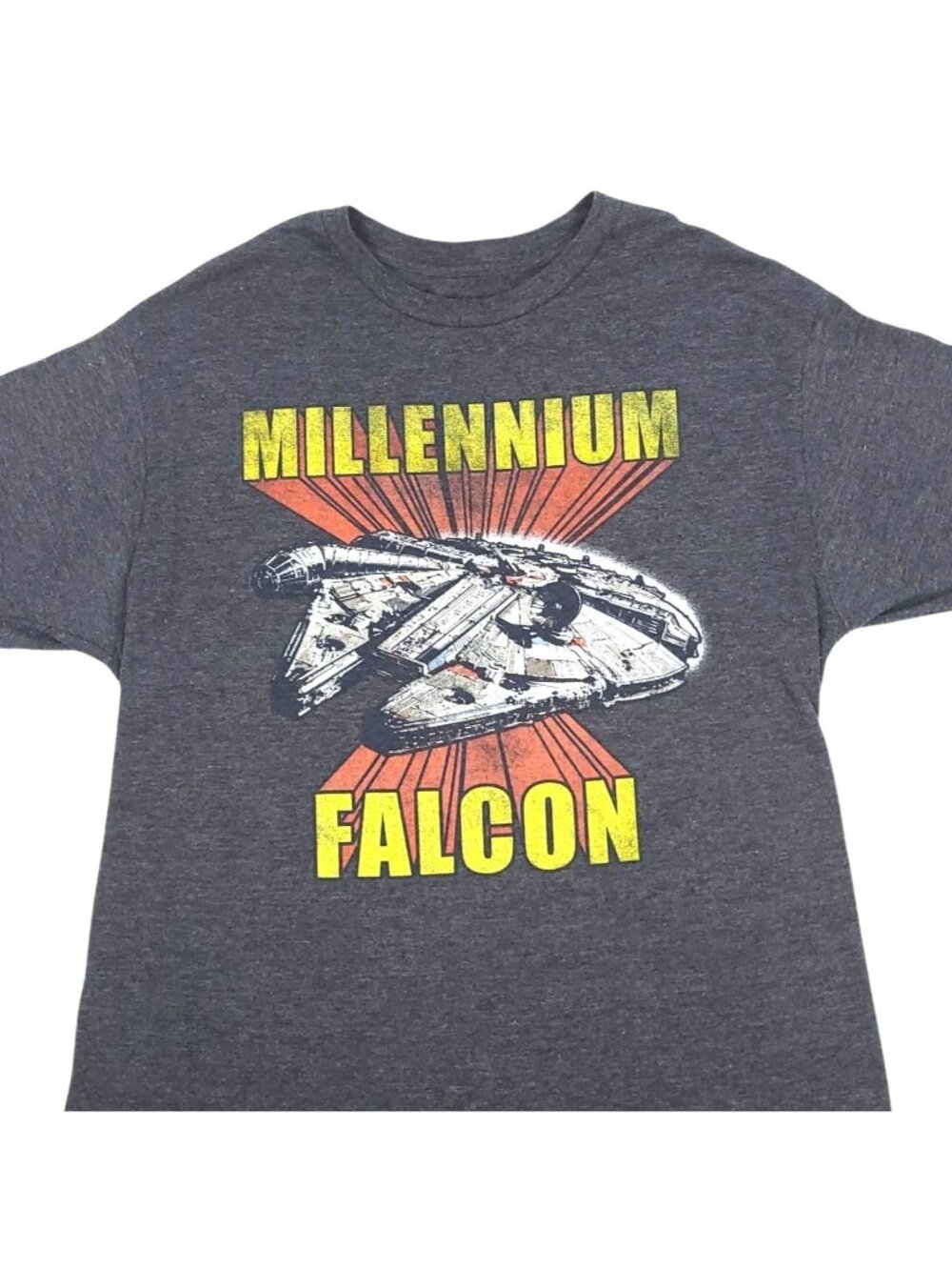 Star Wars Millennium Falcon Graphic T-Shirt L Gray Distressed Grunge Sci Fi Tee
